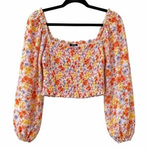 Womens Medium Long Sleeve Crop Top Multicolor Floral Smocked Boho Cottagecore